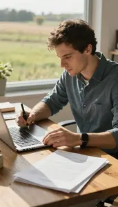 Technical Writer Writing A Novel At In A Writers Home Office Desk In