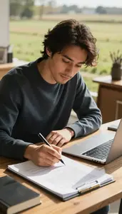 Technical Writer Writing A Screenplay At In A Novelists Writing Study At Work