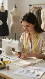 Textile Designer Sewing Fabric On A In A Fashion Showroom At Professional Venue