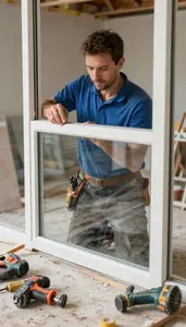 Tile Setter Installing Glass Panes In In A Home Renovation Project Site In Daily