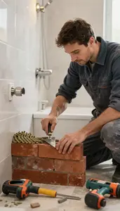 Tile Setter Laying Bricks With Mortar In A Bathroom With New Fixtures Being