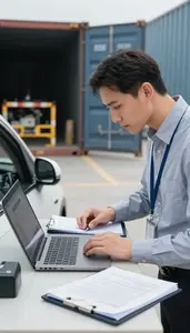Trade Specialist Conducting A Vehicle Inspection At A Shipping Container Loading