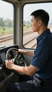 Train Conductor Operating A Train On On Railway Tracks Operating A Train In