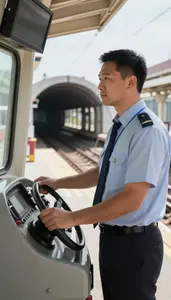 Train Conductor Operating A Subway Train At A Train Station Platform At