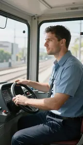 Train Engineer Operating A Tram Through Inside A Subway Train Cab At