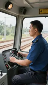 Train Engineer Operating A Light Rail On Railway Tracks Operating A Train In