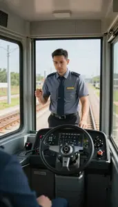 Tram Operator Conducting A Train Departure Inside A Train Cab On Tracks At