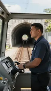 Tram Operator Operating A Subway Train On Railway Tracks Operating A Train At