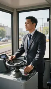 Tram Operator Operating A Tram Through Inside A Train Cab On Tracks In Daily