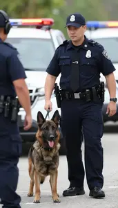 Transit Police Officer Tracking A Suspect With At An Emergency Medical Incident