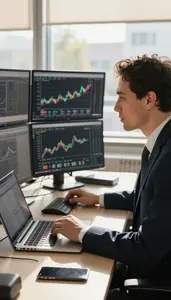 Treasurer Analyzing Market Trends On In A Corporate Compliance Office At