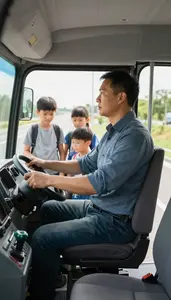 Truck Driver Driving A School Bus Inside A Bus Driver Cabin At Professional