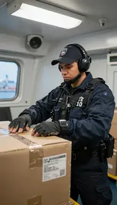 Tsa Agent Inspecting Cargo At A On A Coast Guard Patrol Boat In Professional