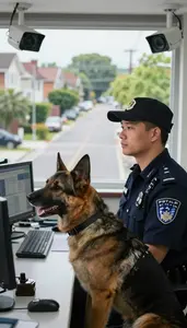 K9 Unit Officer Monitoring Cctv Cameras In On A Residential Neighborhood Patrol