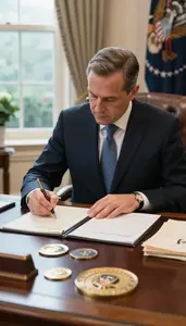 Vice President Signing A Bill Into In A Presidential Executive Office In