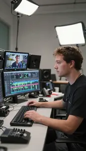 Video Editor Editing A Film In In A Film Editing Post Production Suite At