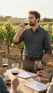 Vintner Tasting And Pairing Wines In A Vineyard With Rows Of Grapevines At