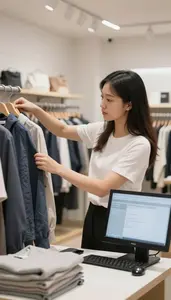Visual Merchandiser Arranging Merchandise Displays In In A Retail Clothing Store