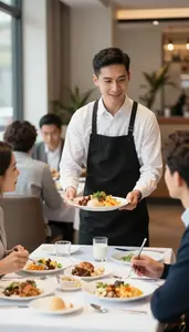 Waiter Serving Food To Diners In A Restaurant Dining Room At Professional Venue