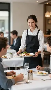 Waitress Serving Food To Diners In A Restaurant Dining Room At Workplace