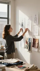 Wardrobe Stylist Curating Artwork On A In A Costume Design Workshop At Workplace