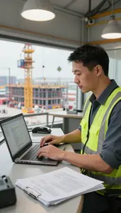 Warehouse Manager Managing Port Operations From At A Construction Site Crane