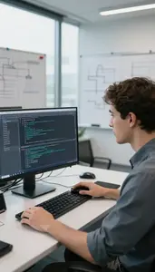 Web Developer Debugging Software On A In A Data Center Server Room At