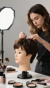 Wig Stylist Styling A Wig On In A Wig Styling Workshop At Workplace