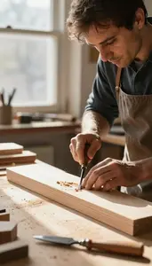 Woodworker Carving Wood With Hand In A Furniture Making Workshop At Work Today