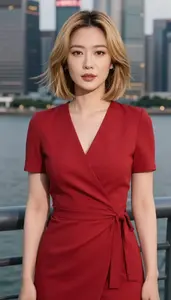 Wrap Dress Glamour East Asian Woman With Blonde Bob Haircut At Urban