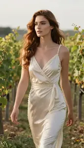 Wrap Dress Glamour Southern European Woman With Long Flowing Hair At Garden