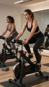 Yoga Instructor Leading A Spin Class In A Dance Fitness Studio At Workplace