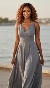 African Woman Young In Slate Grey Flowing Cocktail Gown Sunset Portrait