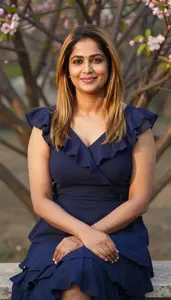 Beautiful Indian Woman With Blonde Straight Hair In Midnight Blue Ruffled