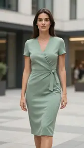 Beautiful Mediterranean Woman With Straight Hair In Wrap Dress Cocktail Event