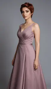 Beautiful Middle Eastern Woman With Short Pixie Cut In Ball Gown Studio Portrait