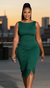 Beautiful Multiracial Woman In Emerald Green Chic Cocktail Gown Urban Editorial