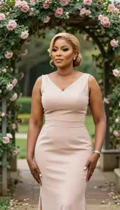 Beautiful Nigerian Woman With Bun Updo In Formal Gown Garden Portrait