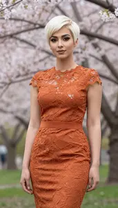Beautiful Persian Woman With Blonde Short Pixie Cut In Formal Dress Garden