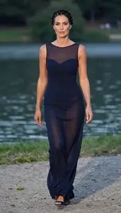 Beautiful Southern European Woman In Navy Sheer Overlay Cocktail Gown Sunset