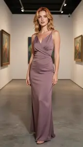 Chic Olive Skinned Woman In Mauve Wrap Style Cocktail Gown Cocktail Event