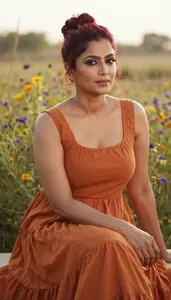 Chic South Asian Woman In Formal Dress Garden Lifestyle Photography