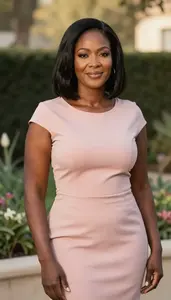 Cocktail Dress Glamour Ethiopian Woman With Black Shoulder Length Hair At Garden