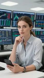Commodities Trader Monitoring Multiple Trading Screens Stock Photo