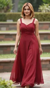 Crimson Flowing Cocktail Gown Glamour Photography Indian Woman Portrait At