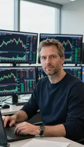 Cryptocurrency Trader Evaluating Market Volatility Stock Photo