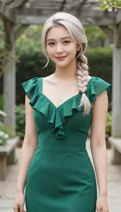 Elegant Formal Dress Portrait Of East Asian Woman At Garden Event