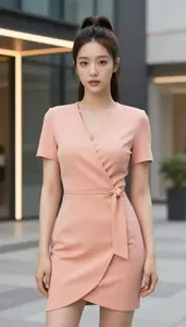 Elegant Wrap Dress Portrait Of Korean Woman At Urban Event Stock Photography