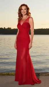 Evening Gown Fashion Portrait Caucasian Woman At Sunset Event