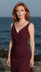 Evening Gown Glamour European Woman With Layered Hair At Sunset